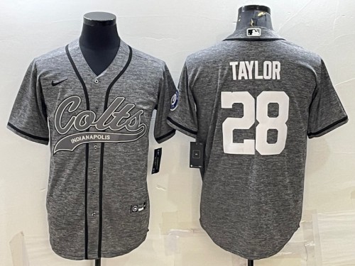 Men's Indianapolis Colts #28 Jonathan Taylor Gray With Patch Cool Base Stitched Baseball Jersey